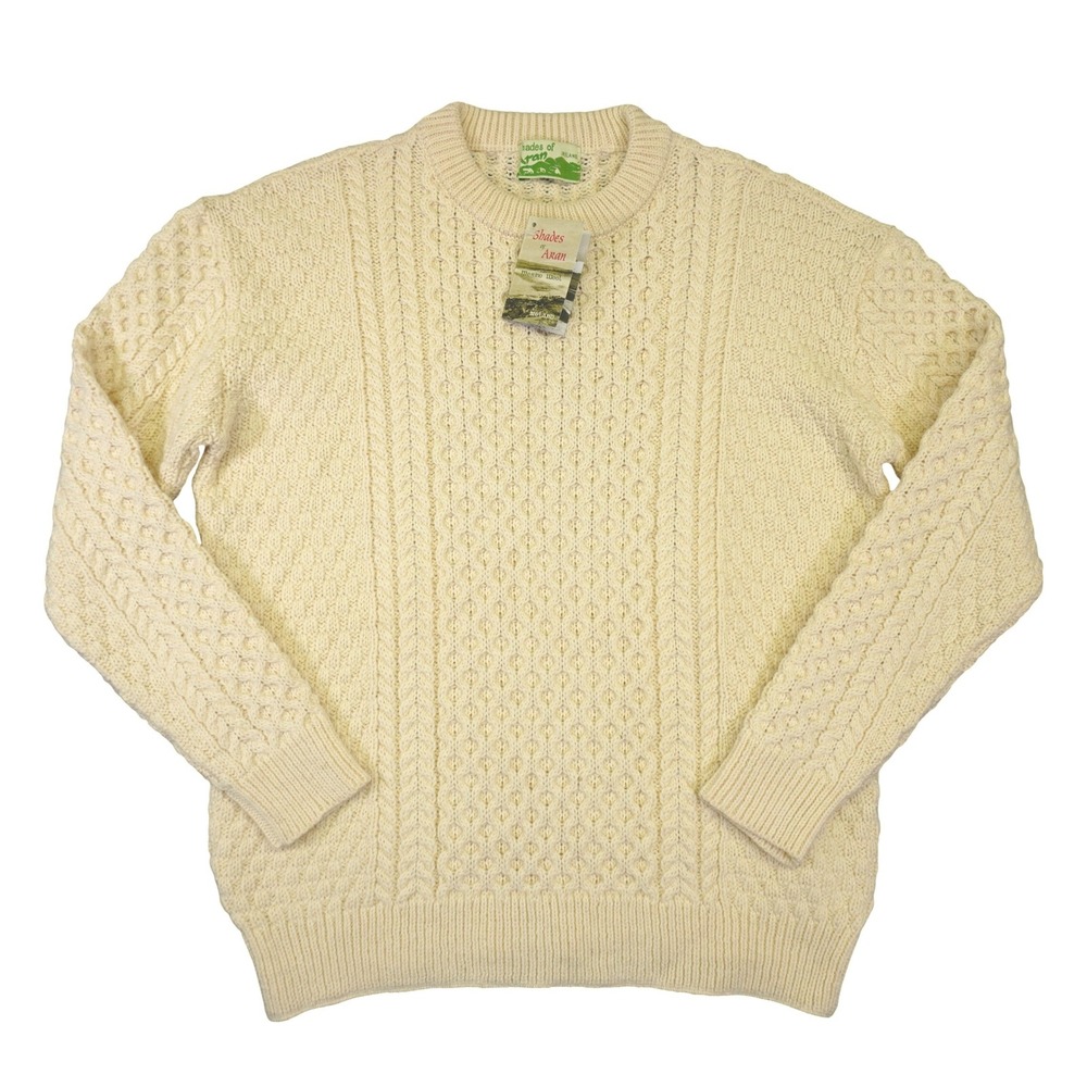 NEW Shades of Aran Sweater Men XL Cream Merino Wool Cable Knit Ireland Fisherman